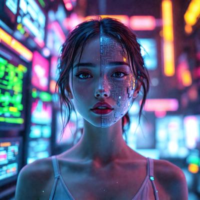 The primary subject of the image is a woman with a futuristic appearance, wearing a silver mask and surrounded by neon lights. The setting is a futuristic cityscape, with a backdrop of various screens and lights. The visual style is a combination of digital art and illustration, creating a unique and captivating scene. The colors and mood of the image are predominantly blue and purple, giving it a futuristic and otherworldly atmosphere.
